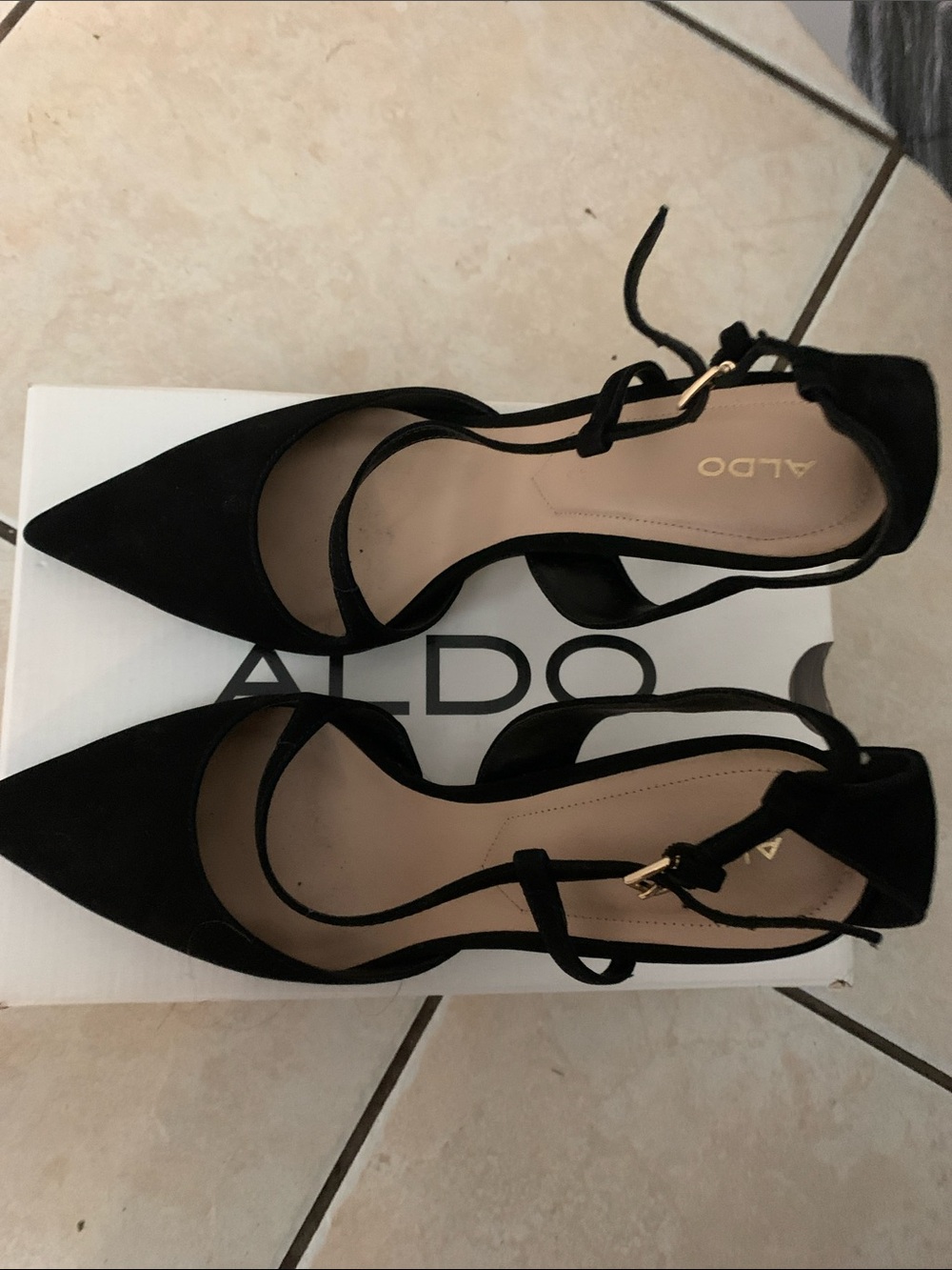 Aldo Black Pointed Toe Ankle Strap Heels